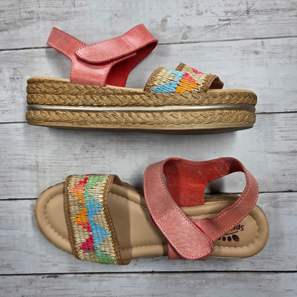 Spring Step Woven Platform Sandal Espadrille Women 36 Coral Pink Multi Leather